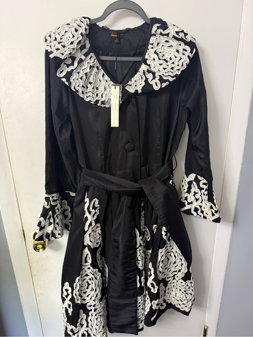 Black Coat Dress with White Crochet Trim